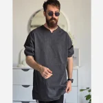 تیشرت مردانه یقه کوبایی لی کاغذی آستین کش رنگ آبی و ذغالی - Image 3