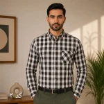 پیراهن آستین بلند مردانه چهارخانه تک جیب قواره بزرگ سایز لارج تا دو ایکس لارج