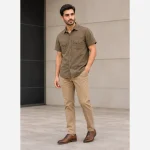 پیراهن کتان مردانه آستین کوتاه قواره آزاد سنگ شور شده - Image 5