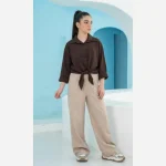 شومیز کراپ دخترانه لینن آستین کیمونو مدل گره ای - Image 5