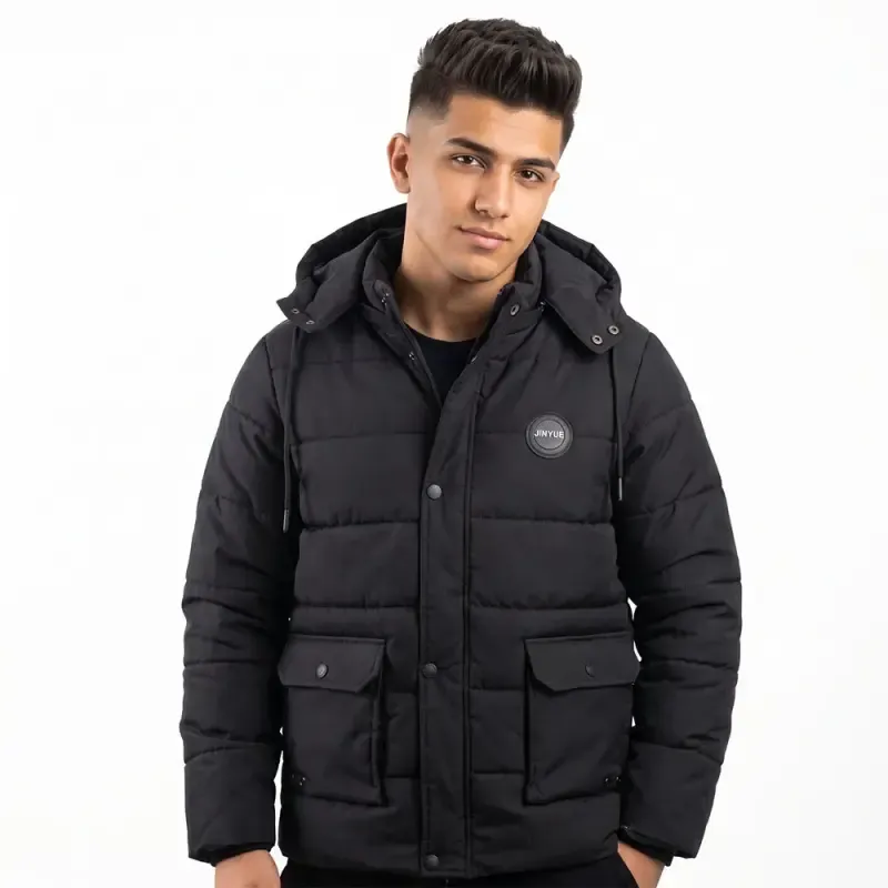 کاپشن تینیجری مشکی پسرانه برزنتی خزدار کلاه دار