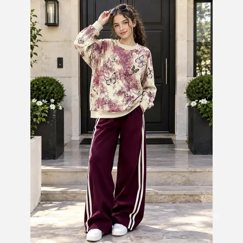 بلوز و شلوار دورس پنبه لاکرا طرح پروانه ترند مناسب 5 تا 12 سال رنگ زرشکی و سرخابی